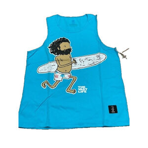 NWT VastLife Mens Yogi Fro Graphic Logo Tee Tank Top Scoop Neck Aqua Blue Size M